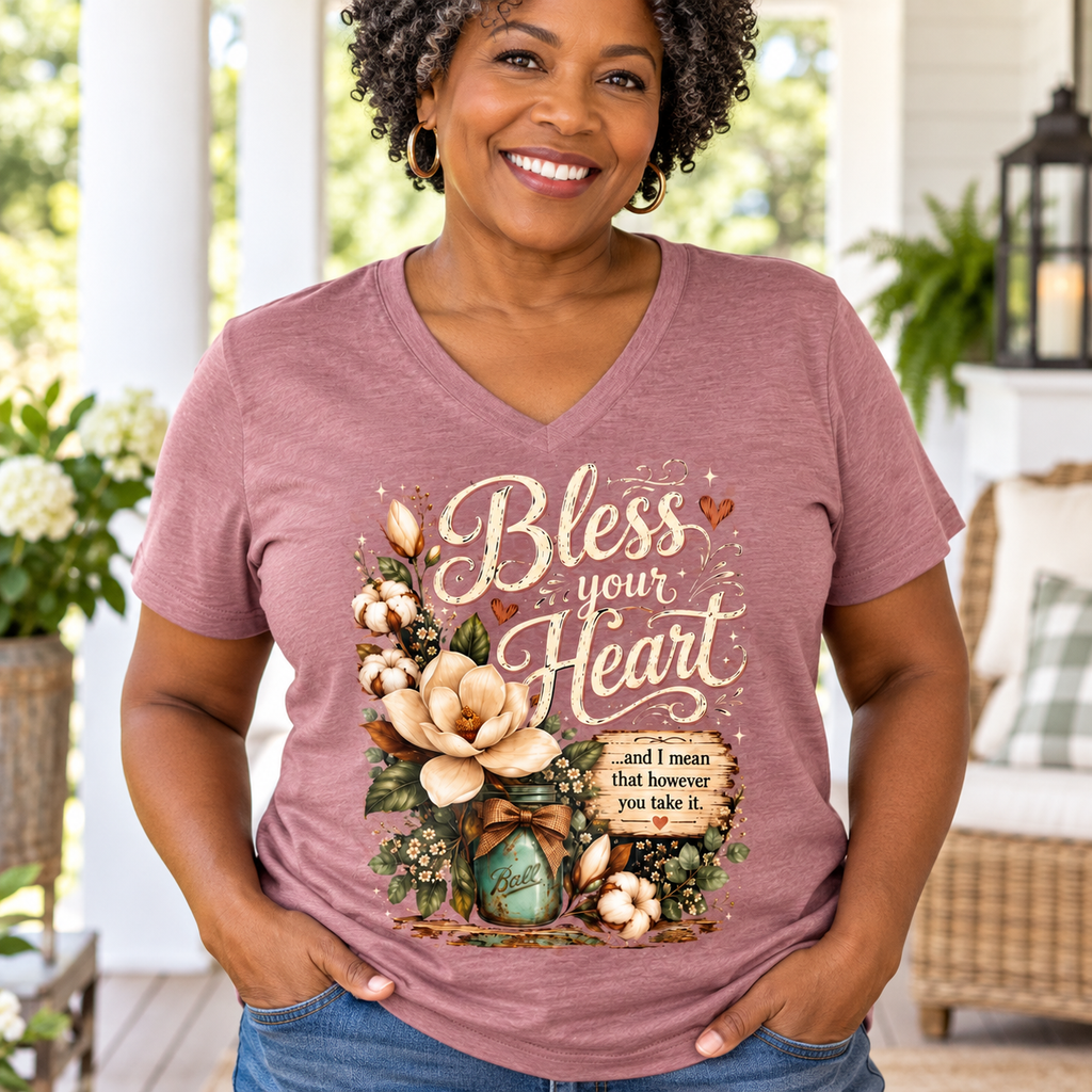 Bless Your Heart Faith V-Neck Shirt | Southern Floral Tee — close-up lifestyle mockup worn by a woman