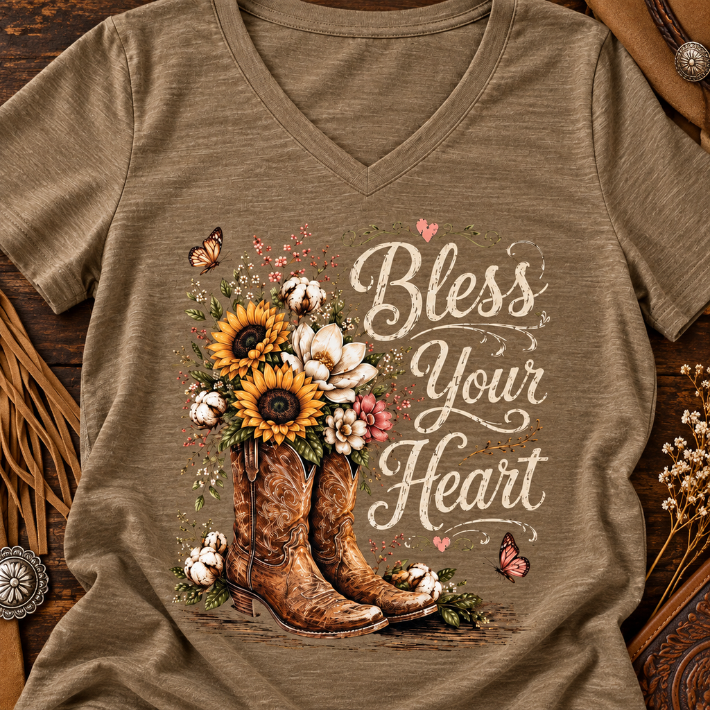 Bless Your Heart Sunflower Boot V-Neck Shirt — close-up lifestyle flat lay
