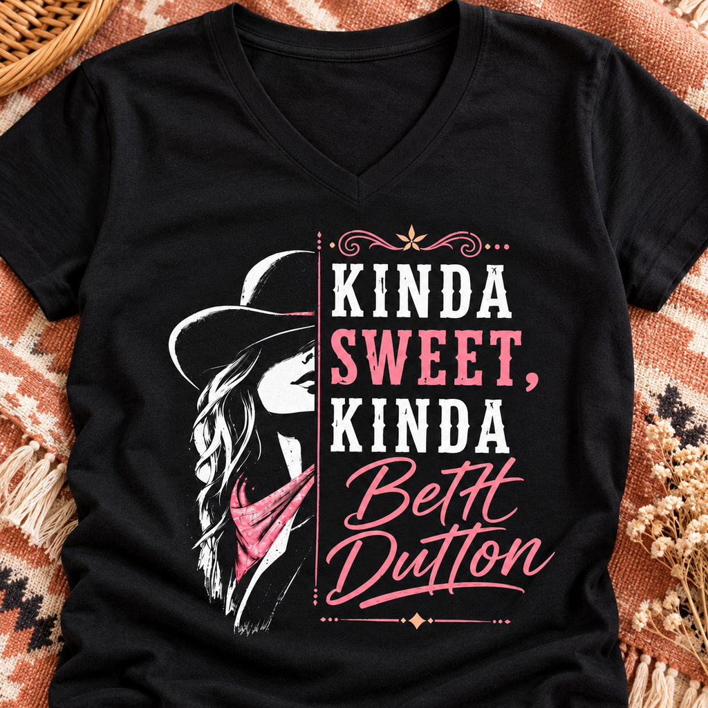 Kinda Sweet Kinda Beth Dutton V-Neck Shirt | Western Cowgirl Tee — close-up lifestyle flat lay