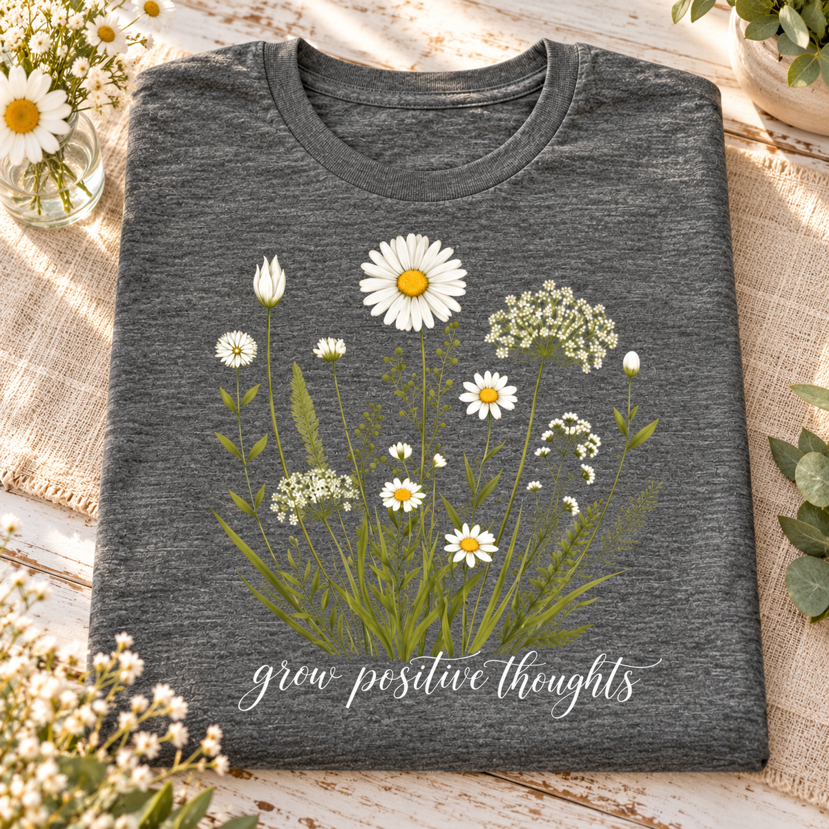 Grow Positive Thoughts Shirt | Floral Daisy Graphic Tee — folded shirt lifestyle mockup