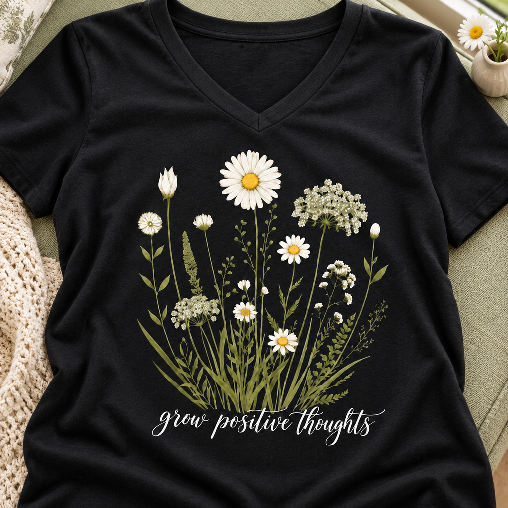 Give Positive Thoughts V-Neck Shirt | Daisy Floral Tee — close-up lifestyle flat lay