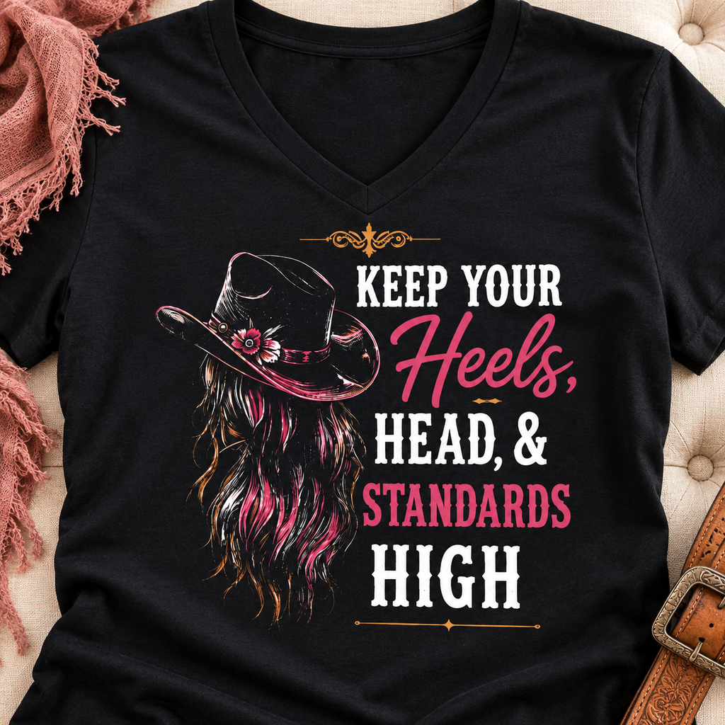 Keep Your Heels, Head & Standards High V-Neck Shirt | Western Tee — close-up lifestyle flat lay