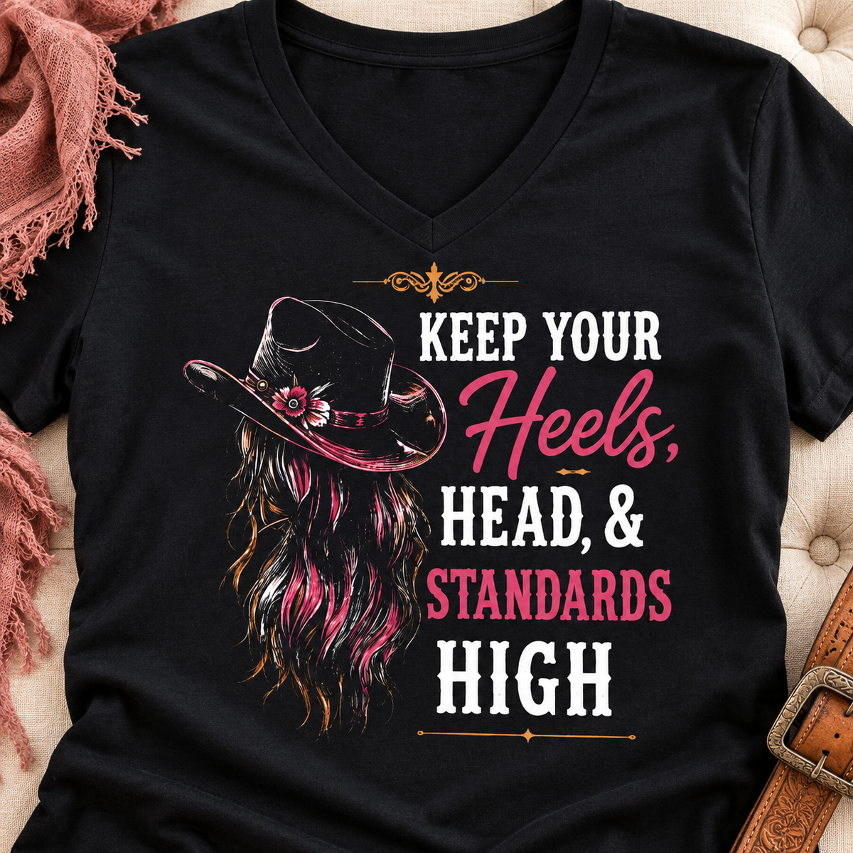 Keep Your Heels, Head & Standards High V-Neck Shirt | Western Tee — close-up lifestyle flat lay