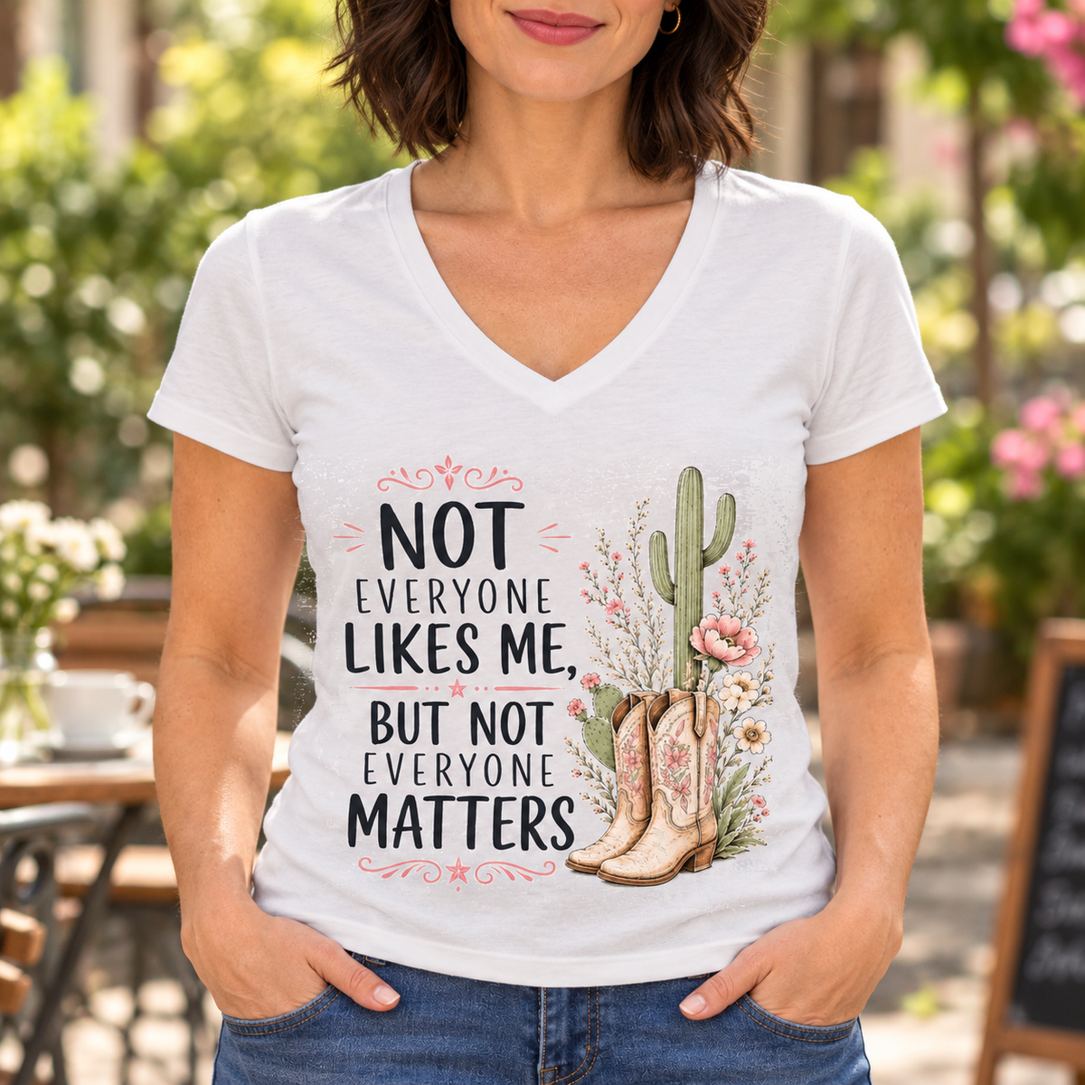 Not Everyone Matters V-Neck Shirt | Western Boots & Cactus Tee — close-up lifestyle mockup worn by a woman