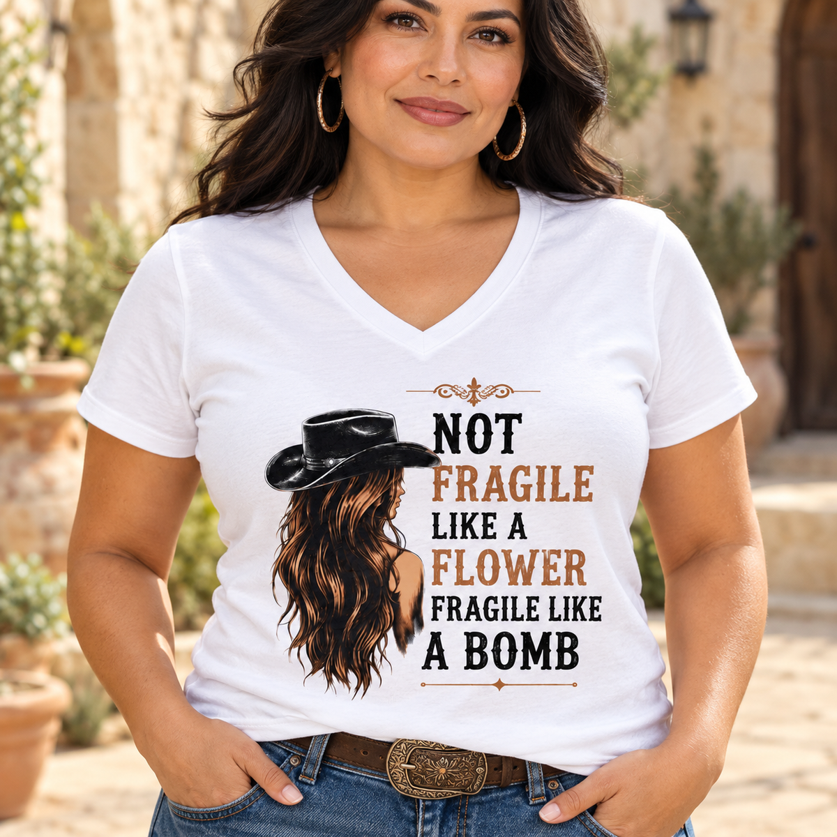 Not Fragile Like a Flower V-Neck Shirt | Western Cowgirl Tee — close-up lifestyle mockup worn by a woman