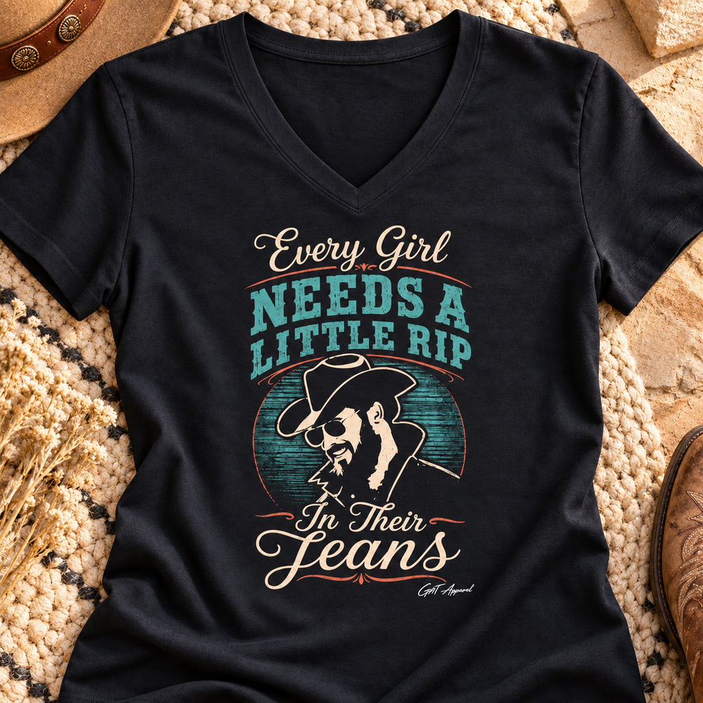 Every Girl Needs a Little Rip V-Neck Shirt | Western Cowgirl Tee — close-up lifestyle flat lay