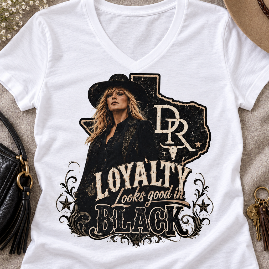 Loyalty Looks Good in Black V-Neck Shirt | Western Cowgirl Tee — close-up lifestyle flat lay
