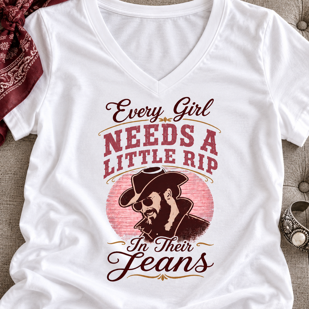 Every Girl Needs a Little Rip Cowgirl V-Neck Shirt | Western Jeans Tee — close-up lifestyle flat lay