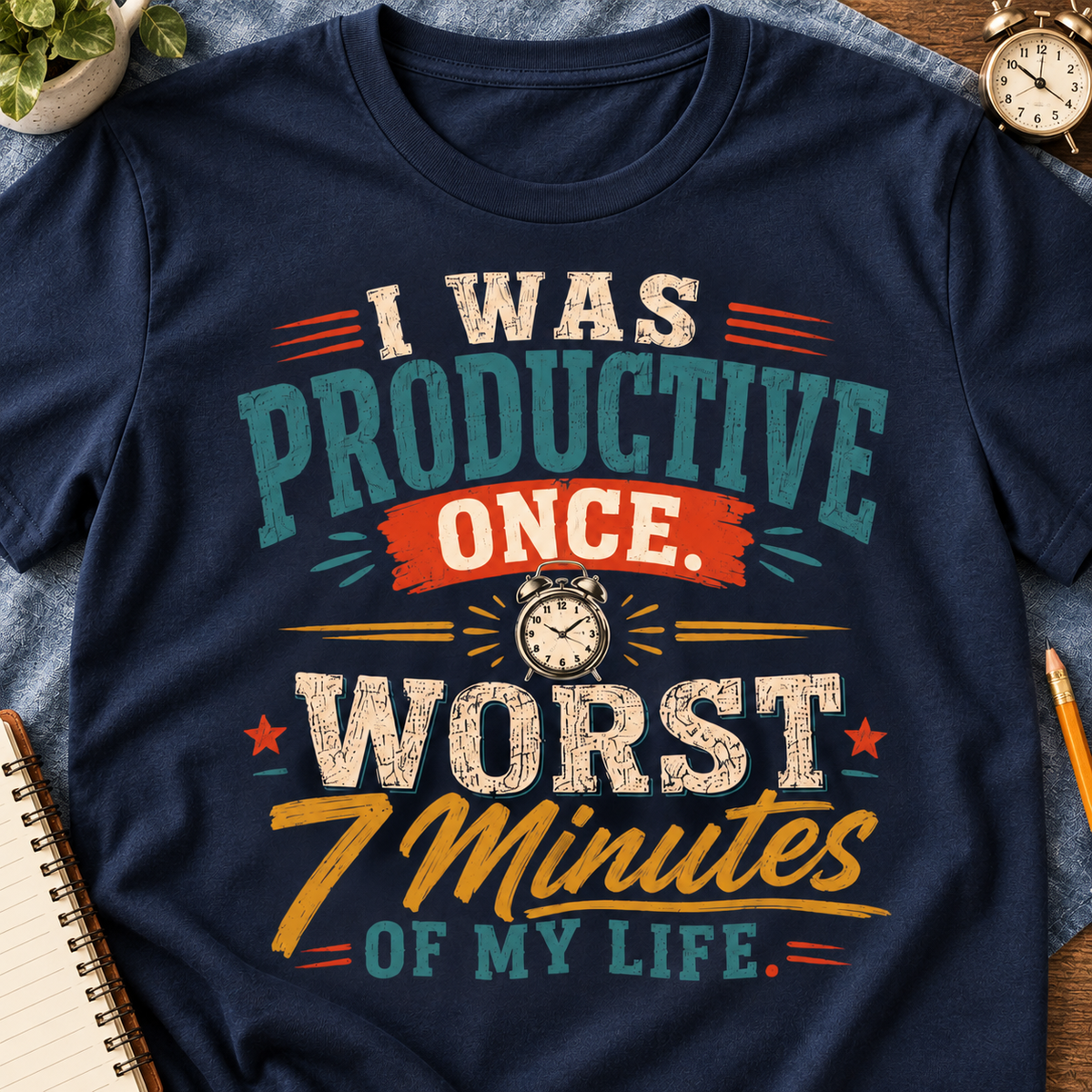 I Was Productive Once Shirt | Funny Graphic Tee — close-up lifestyle flat lay