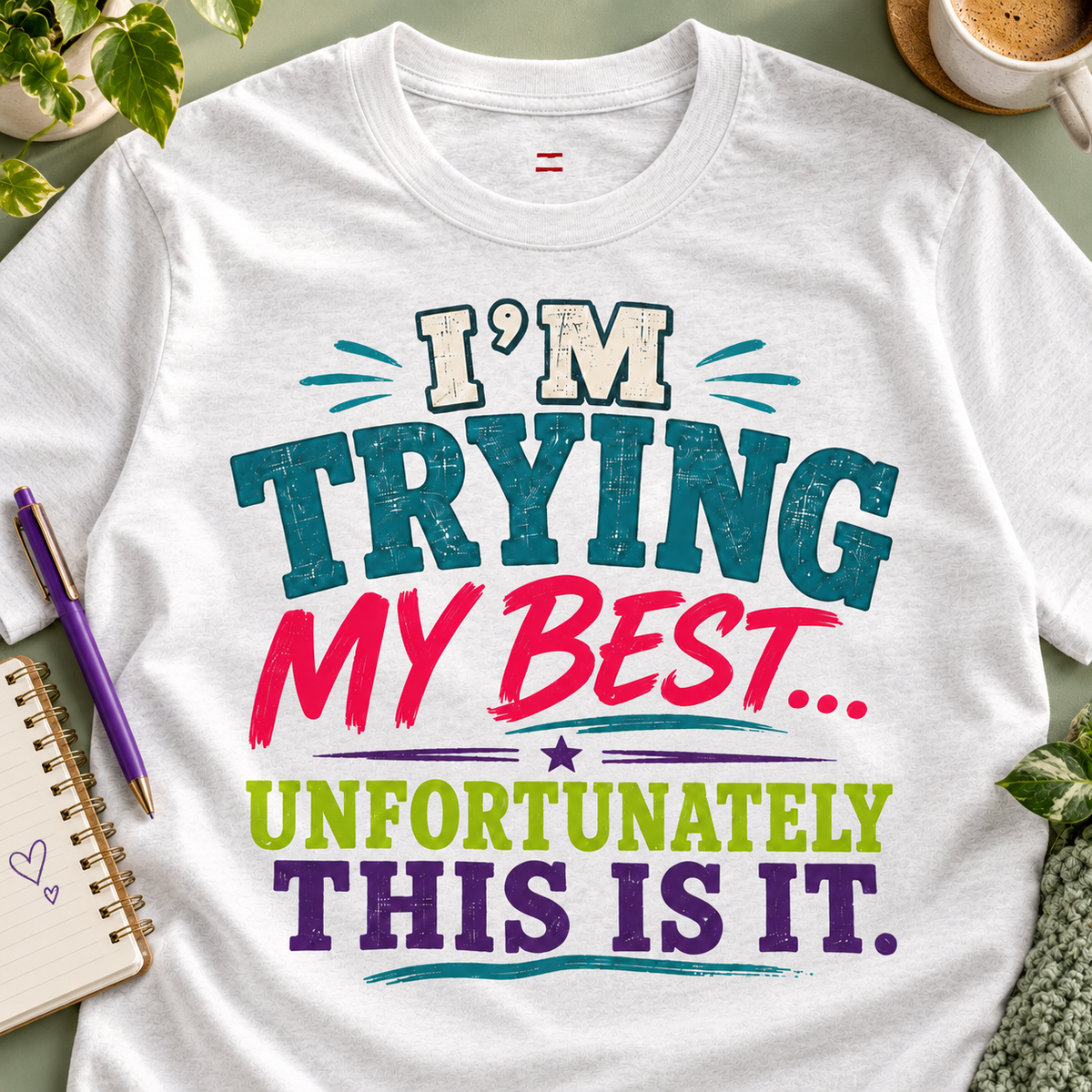 I'm Trying My Best Unfortunately This Is It Shirt — close-up lifestyle flat lay