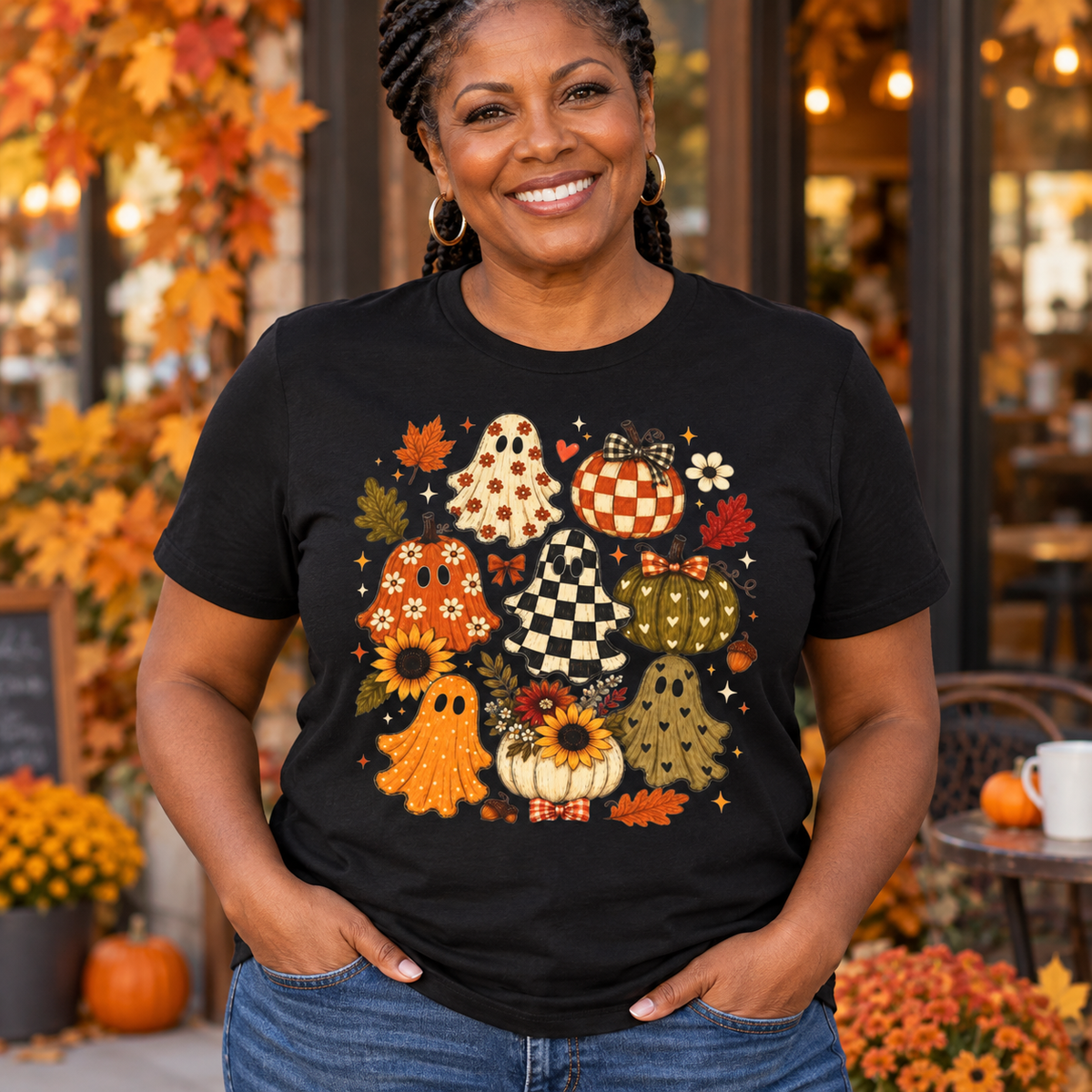 Halloween Pumpkin Ghosts & Sunflowers T-Shirt — close-up lifestyle mockup worn by a woman