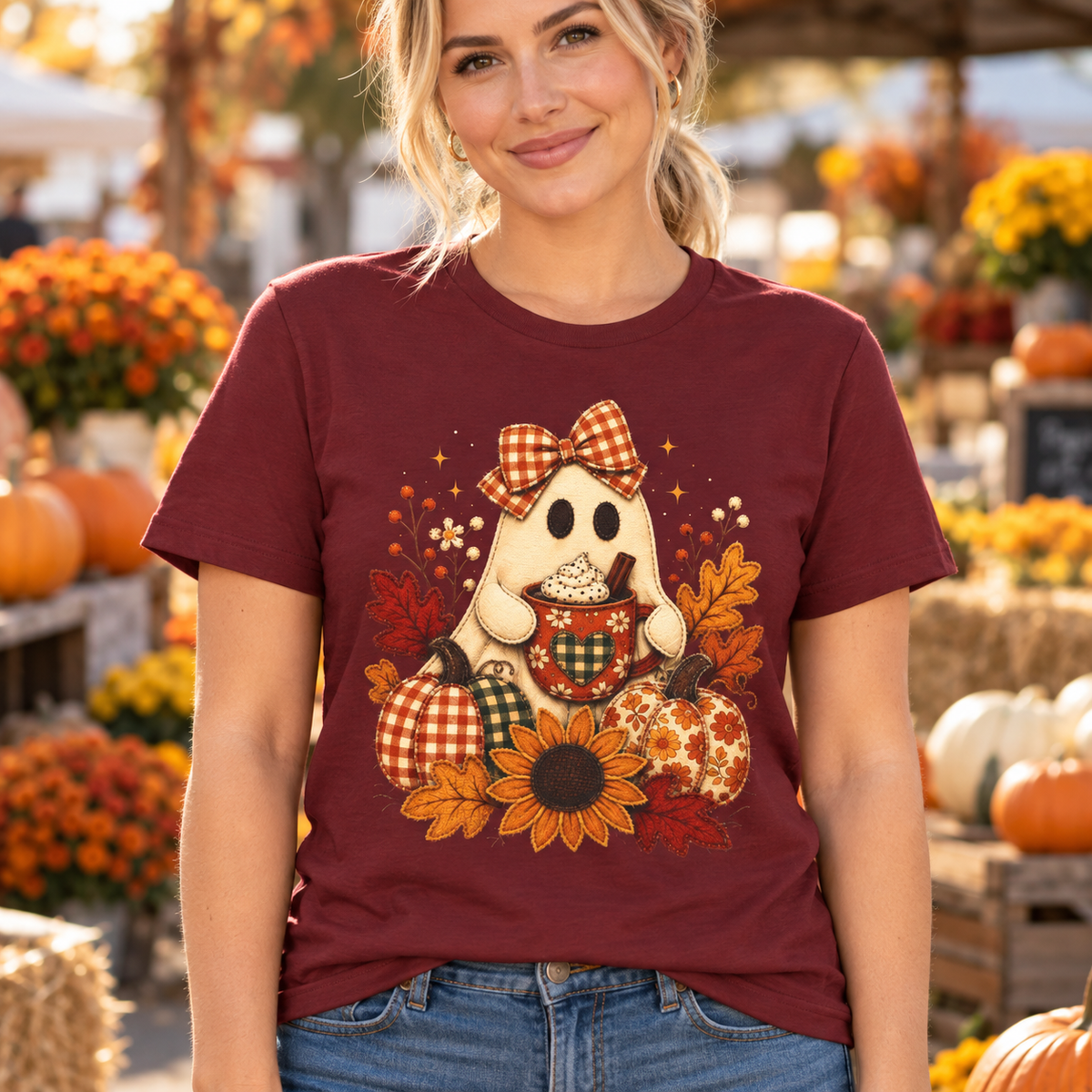 Halloween Ghost Pumpkin Sunflower Bow T-Shirt — close-up lifestyle mockup worn by a woman