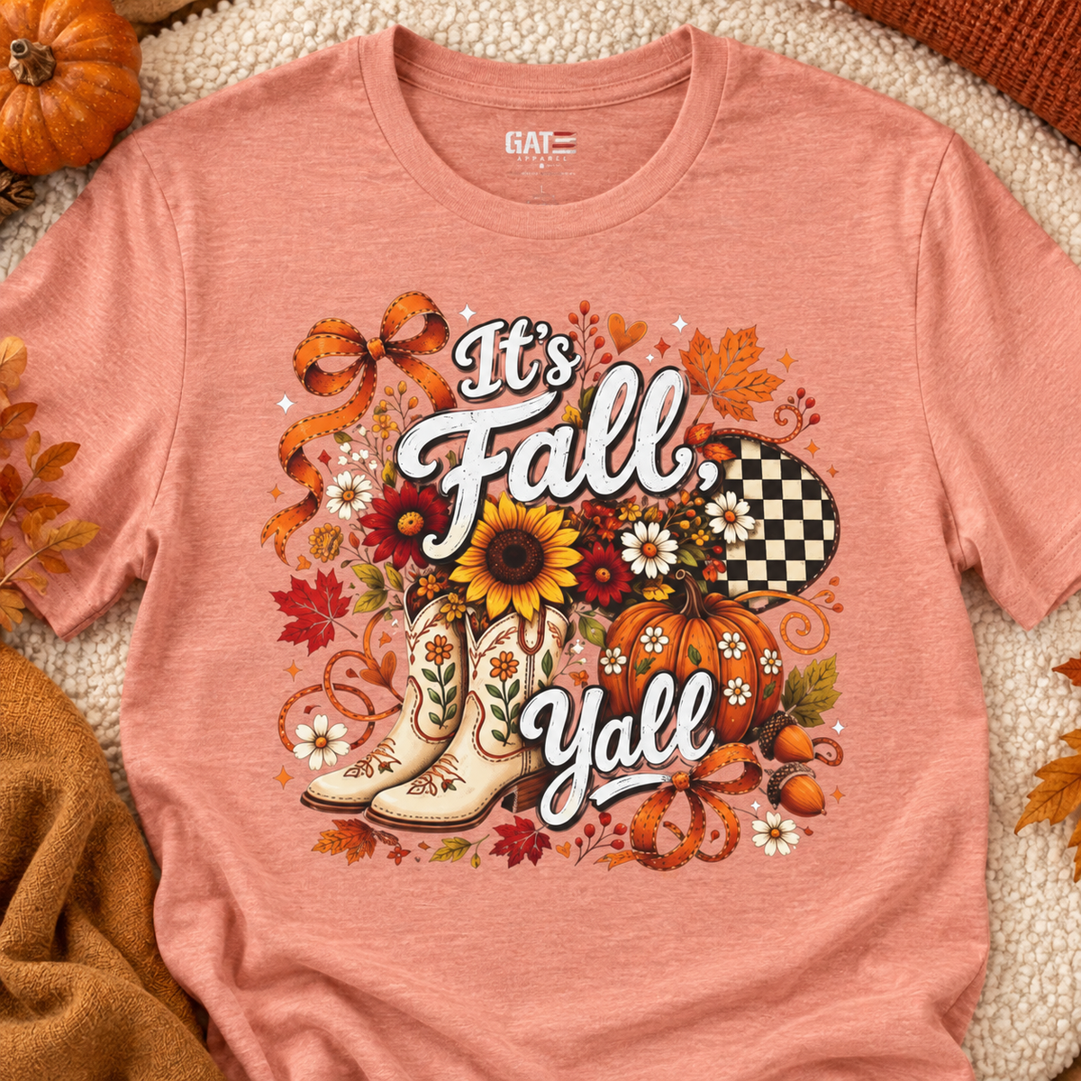 Fall Y’all Boots & Sunflowers T-Shirt — close-up lifestyle flat lay