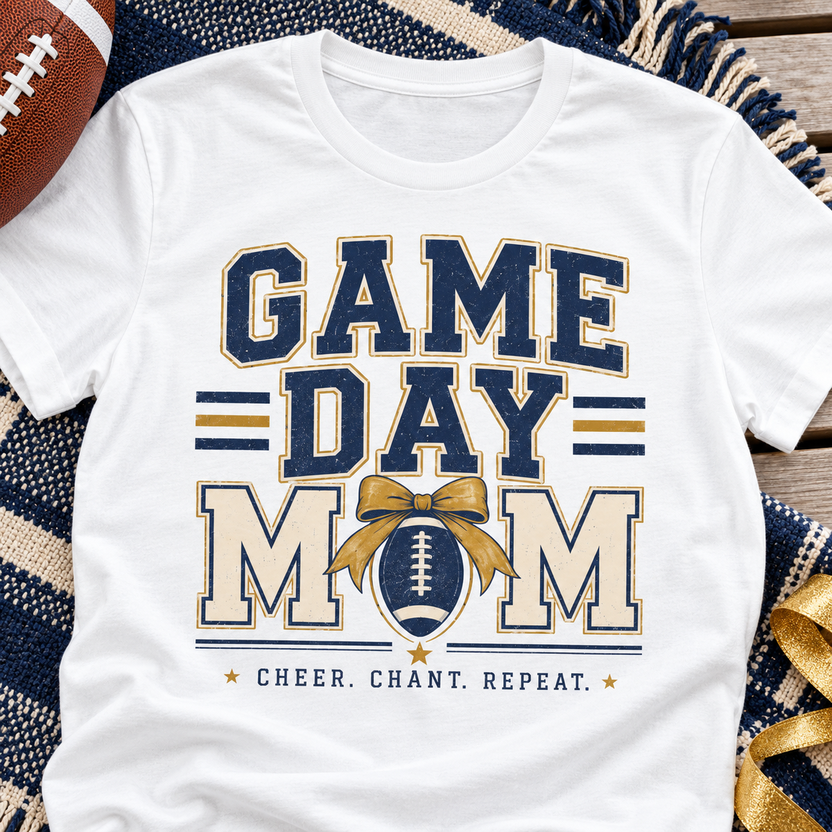 Game Day Football Cheer Mom T-Shirt — close-up lifestyle flat lay