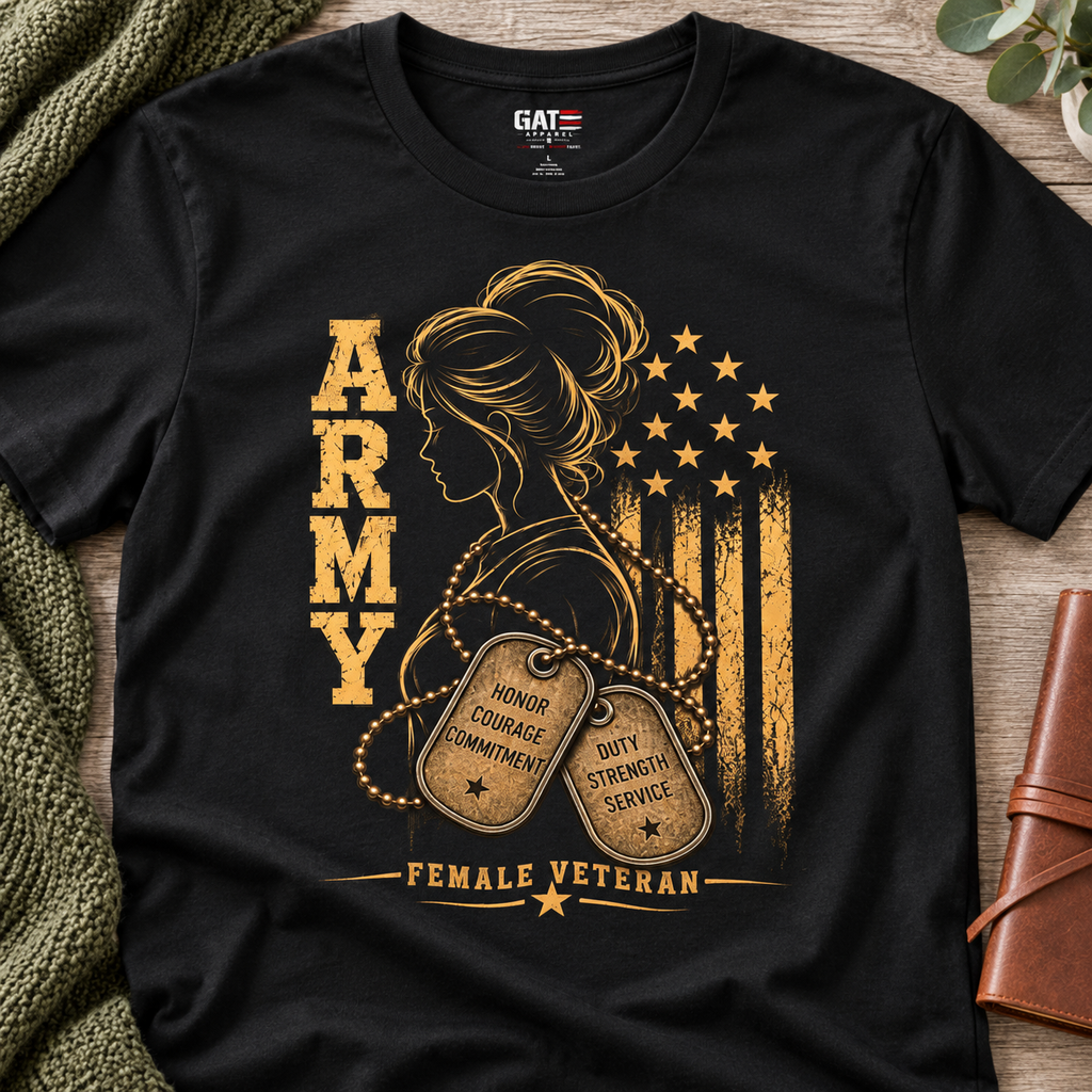 Female Army Veteran Shirt | Dog Tags & American Flag Tee — close-up lifestyle flat lay