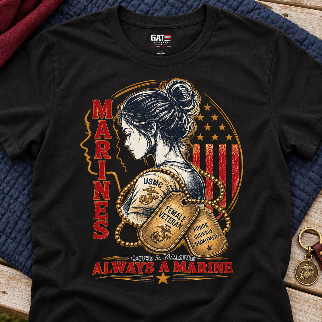 Female Marine Veteran Shirt | Once a Marine Always a Marine — close-up lifestyle flat lay