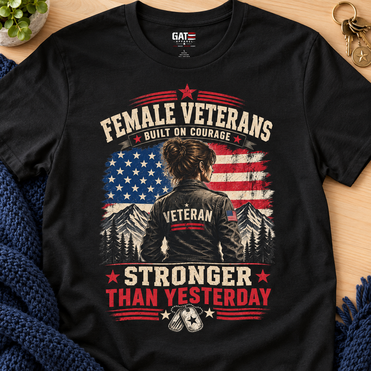 Built on Courage Female Veteran Shirt | Patriotic Tee — close-up lifestyle flat lay