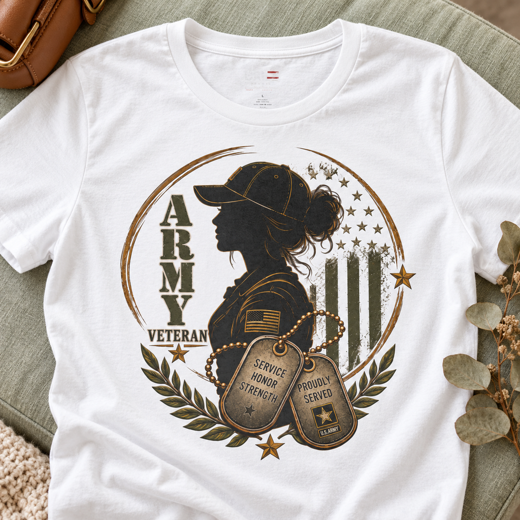 Female Army Veteran Shirt | Women's Military Tee — close-up lifestyle flat lay
