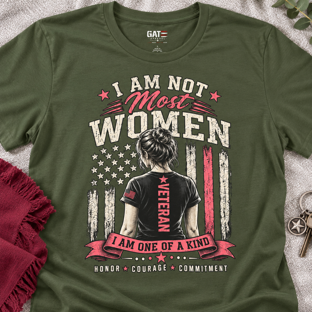 I Am Not Most Women Female Veteran T-Shirt — close-up lifestyle flat lay