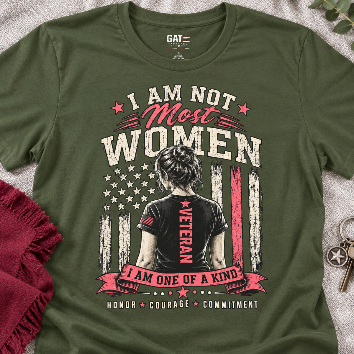 I Am Not Most Women Female Veteran T-Shirt — close-up lifestyle flat lay