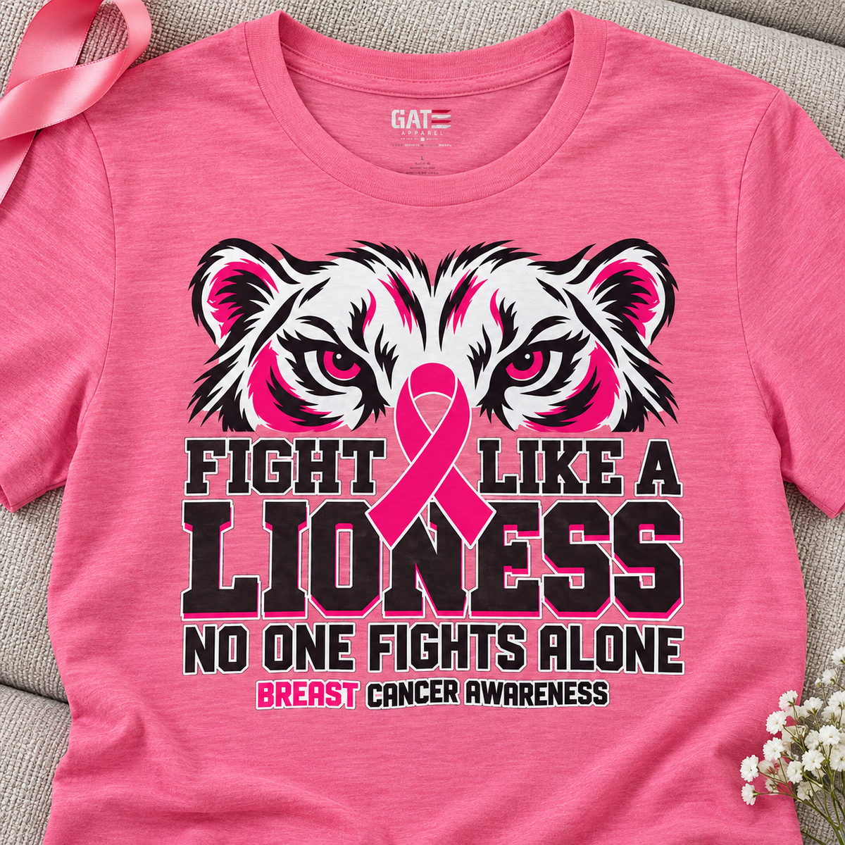 Fight Like a Lioness Breast Cancer Awareness Shirt — close-up lifestyle flat lay