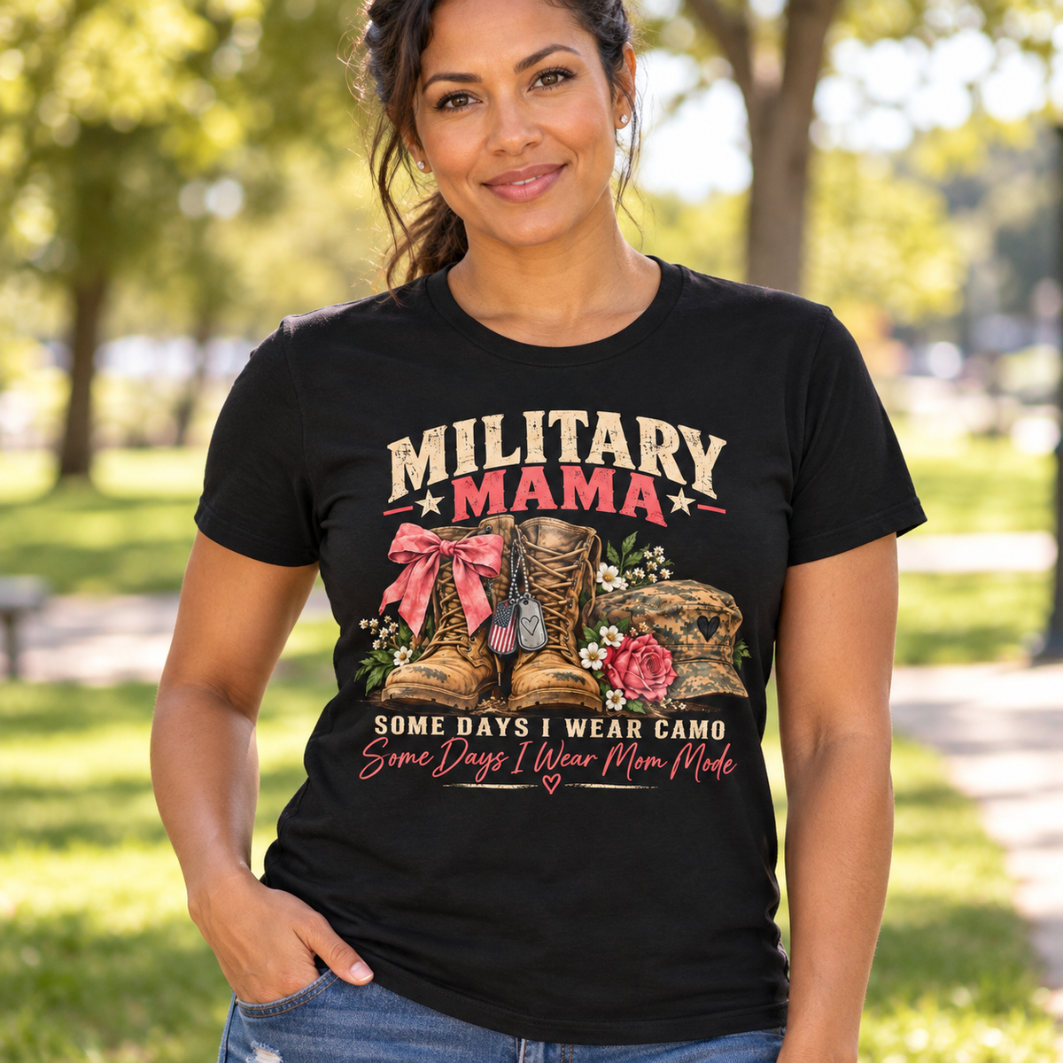 Military Mama Shirt | Serving My Country, Raising My Littles Tee — close-up lifestyle mockup worn by a woman