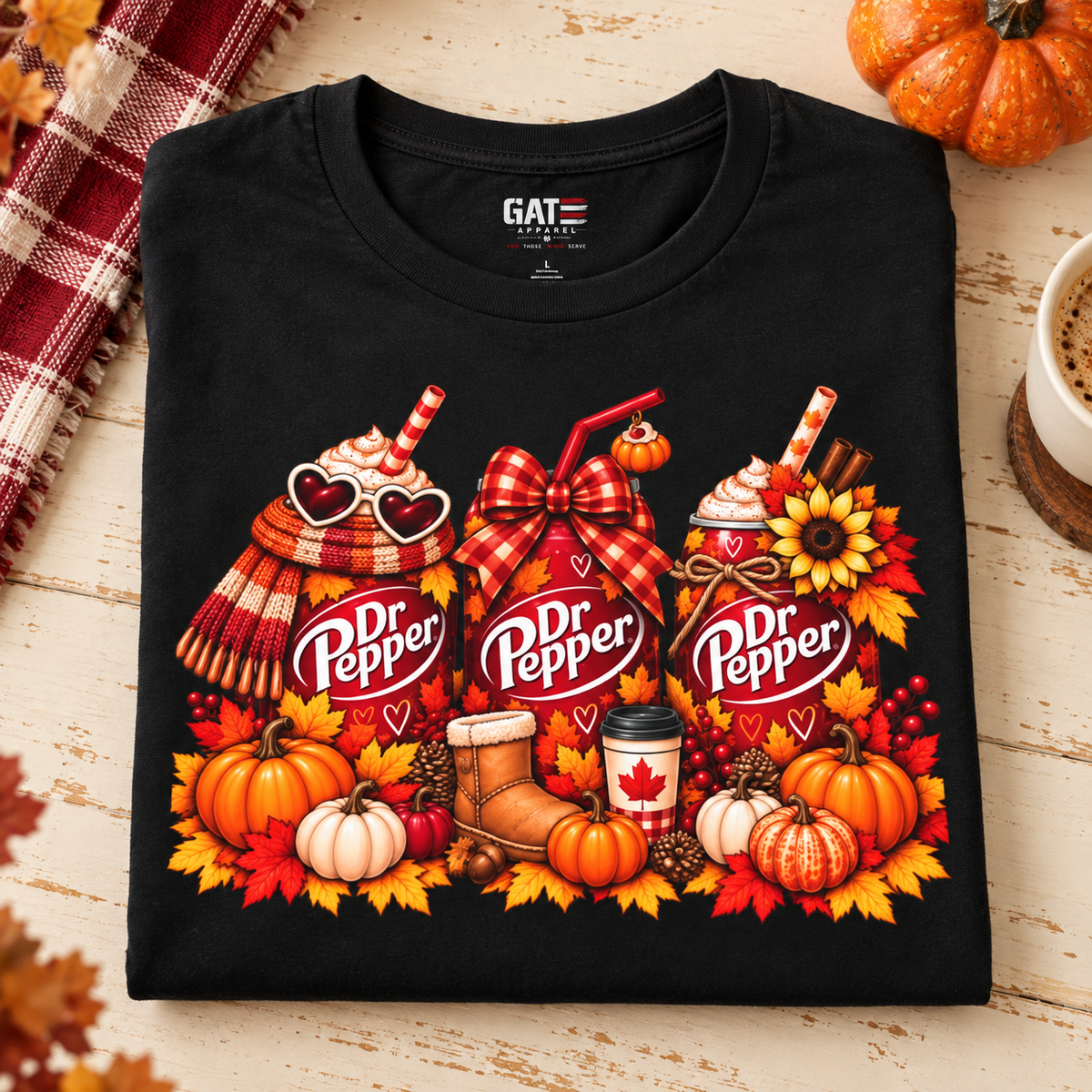 Dr Pepper Pumpkin Spice Tee — Autumn Fall Soda Graphic T-Shirt — folded shirt lifestyle mockup