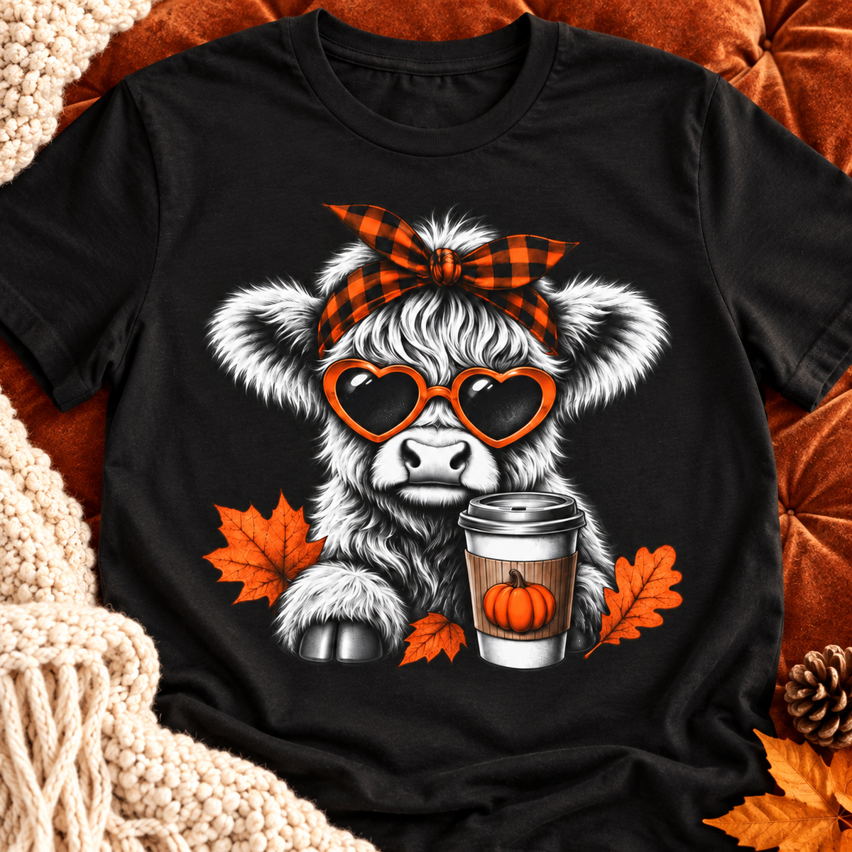Cow Autumn Tee — Cute Calf with Pumpkin Spice Coffee & Plaid Bandana — close-up lifestyle flat lay