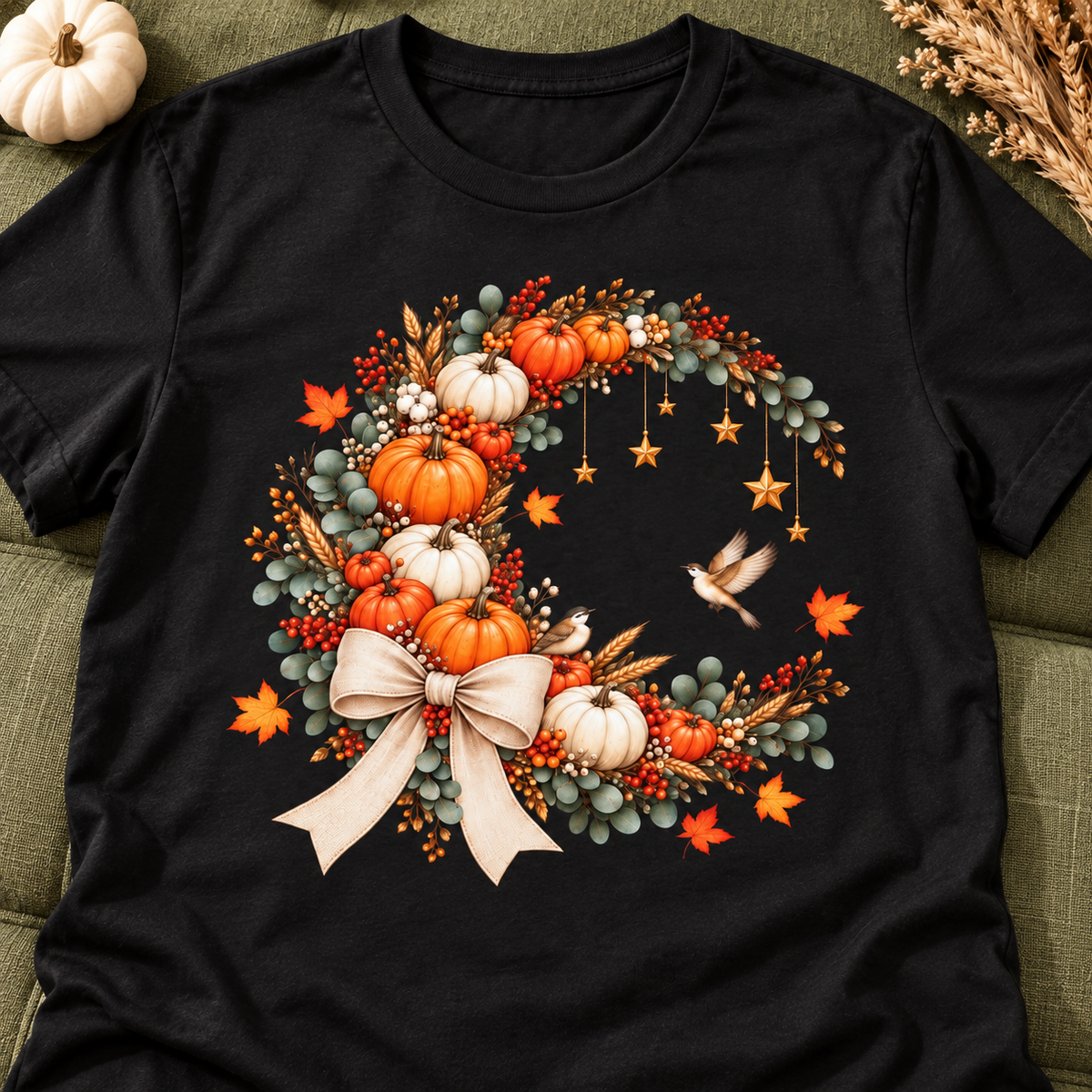 Autumn Pumpkin Wreath Tee — close-up lifestyle flat lay
