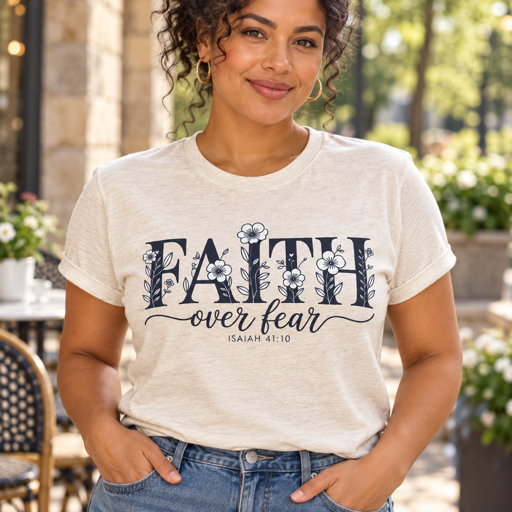 Faith Over Fear Tee — Floral Christian Inspirational Shirt (Isaiah 41:10) — close-up lifestyle mockup worn by a woman