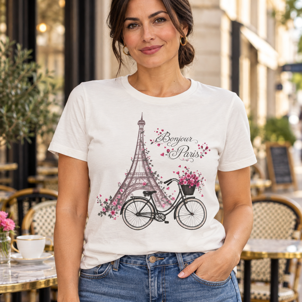 Bonjour Paris Eiffel Tower Bicycle T-Shirt — close-up lifestyle mockup worn by a woman