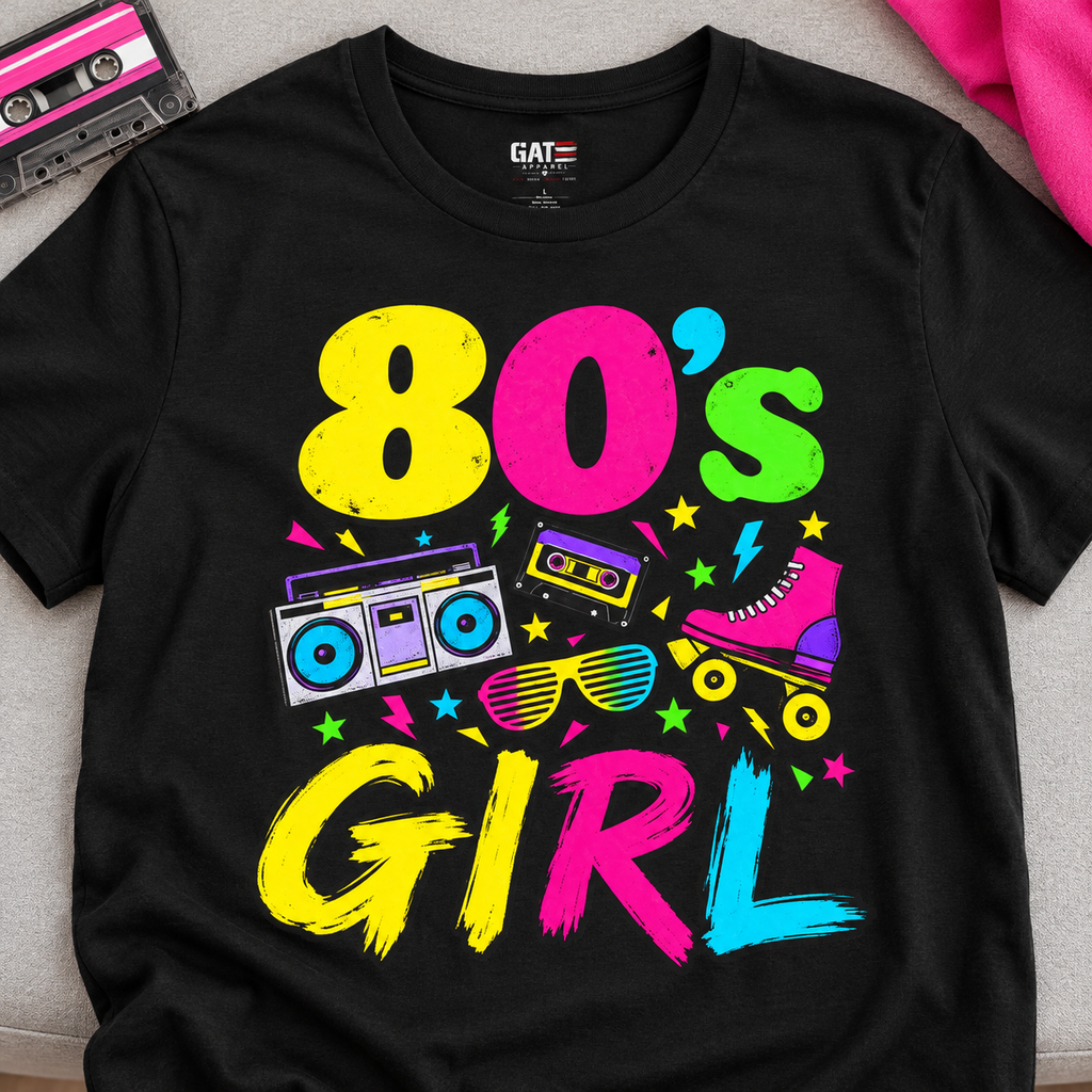 80s Girl Retro Graphic Tee — close-up lifestyle flat lay