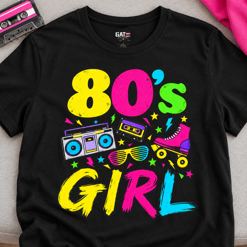 80s Girl Retro Graphic Tee — close-up lifestyle flat lay