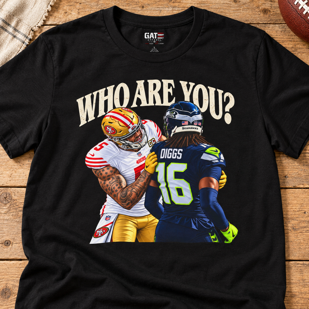 San Francisco 49ers Mike Evans Who Are You football T-shirt with Trevon Diggs artwork, black tee layflat.