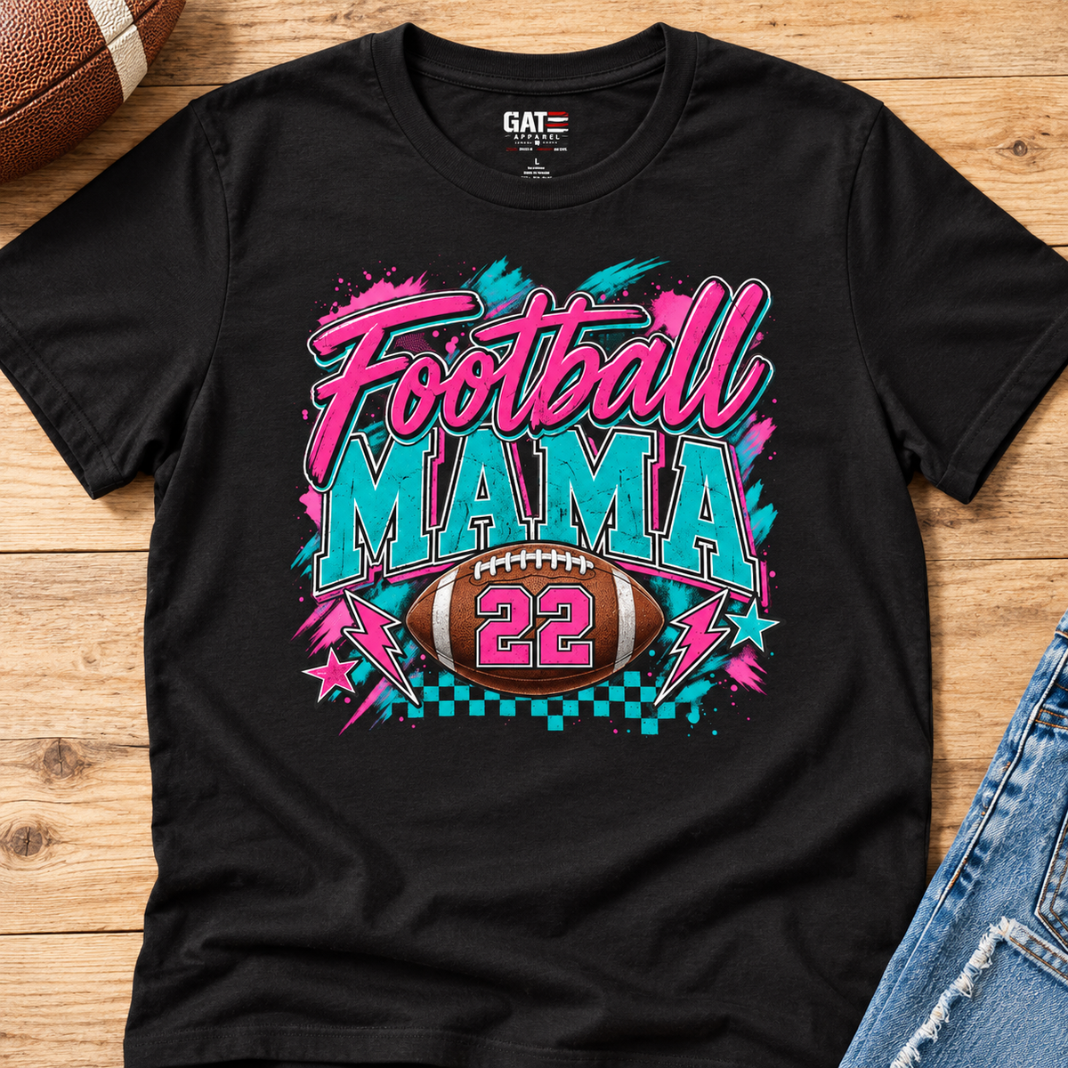 Personalized Football Mom Player Name & Number T-Shirt lifestyle lay flat