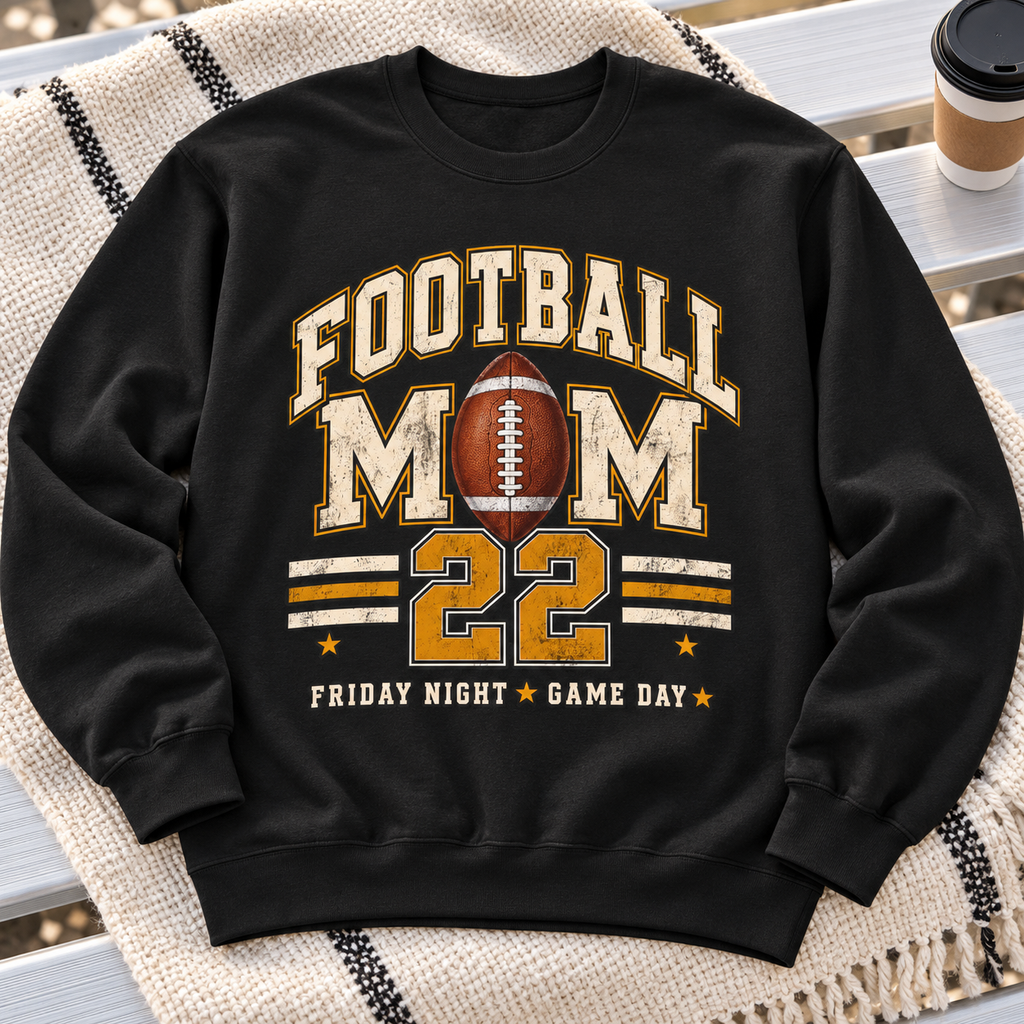Personalized Football Mom Crewneck Sweatshirt | Custom Player Name & Number close-up lifestyle lay flat