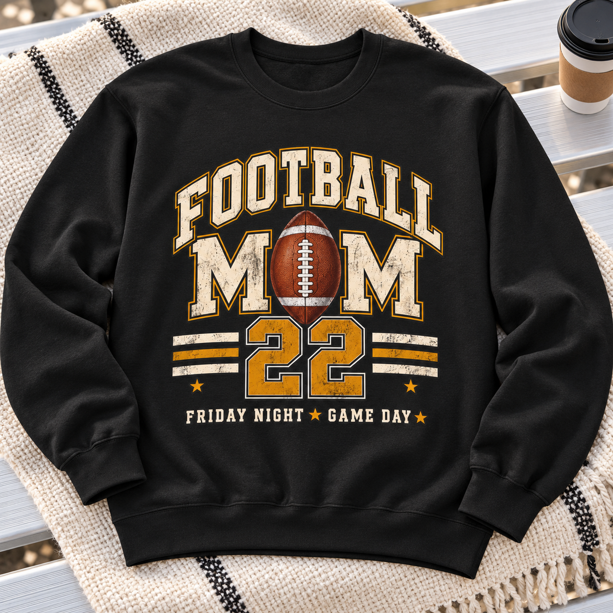 Personalized Football Mom Crewneck Sweatshirt | Custom Player Name & Number close-up lifestyle lay flat