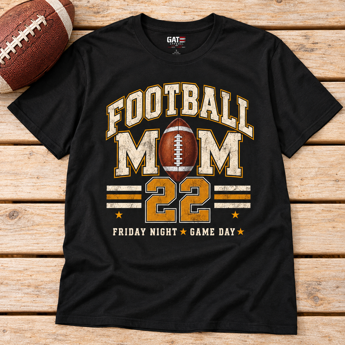 Football Mom Game Day Shirt | Custom Player Name & Number close-up lifestyle lay flat