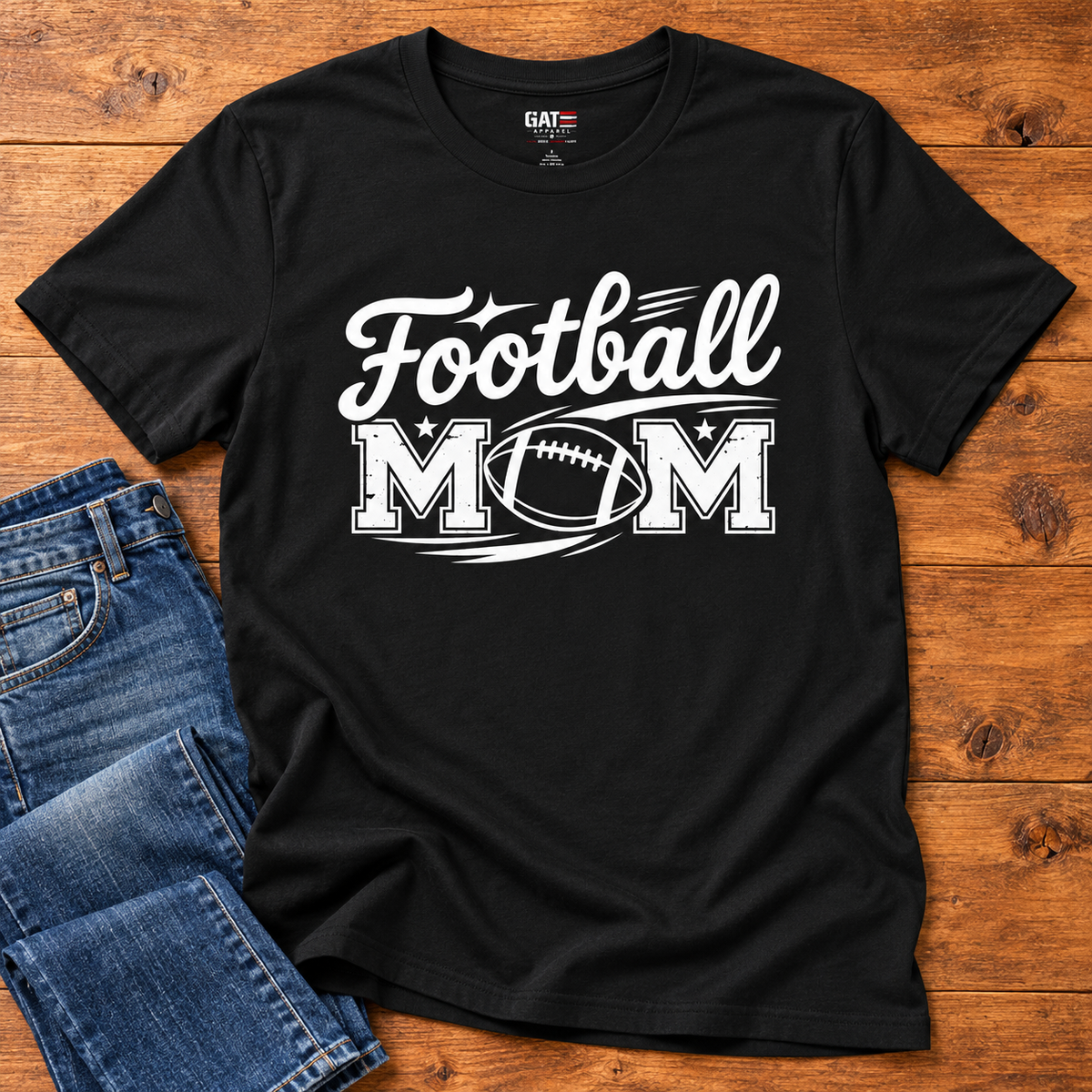 Personalized Football Mom Shirt | Name & Number Tee Style 7 close-up lifestyle lay flat