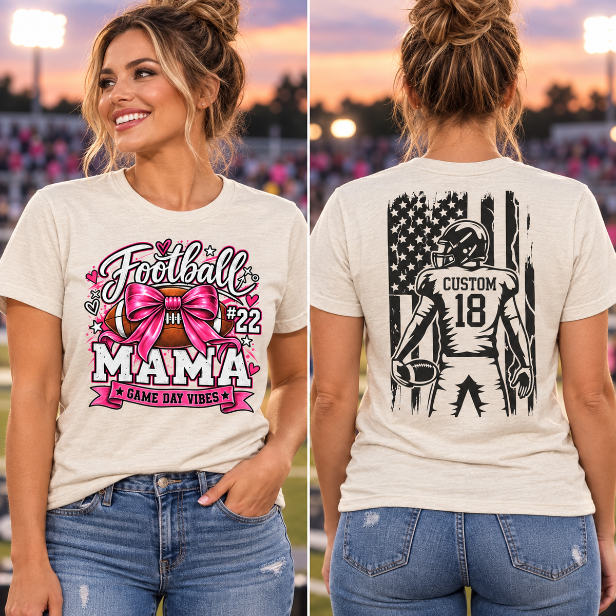 Personalized Football Mom Player Shirt | Custom Name & Number parent wearing front and back