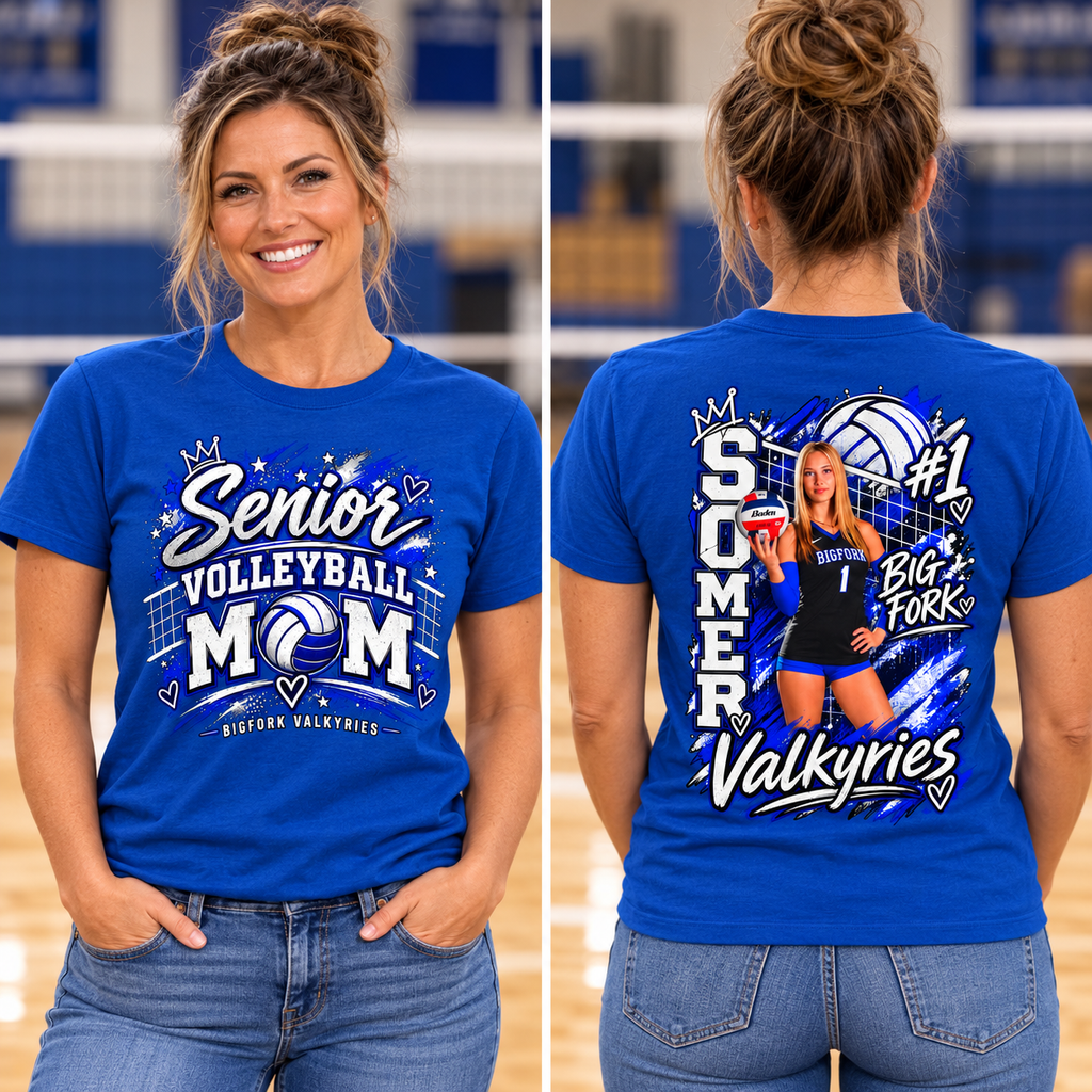 Senior Volleyball Mom Photo Shirt | Custom Team & Number parent wearing front and back