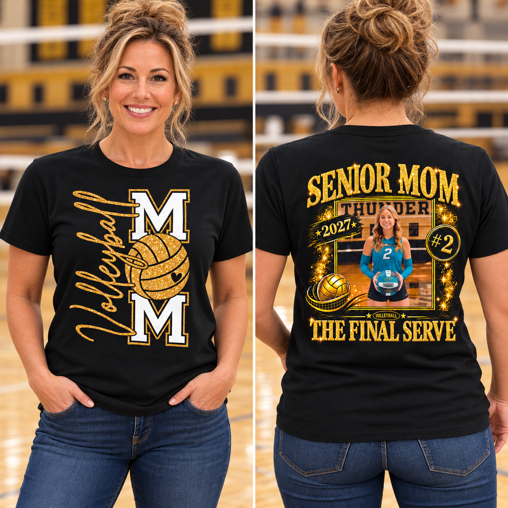 Senior Volleyball Mom Shirt | The Final Serve Personalized Tee parent wearing front and back