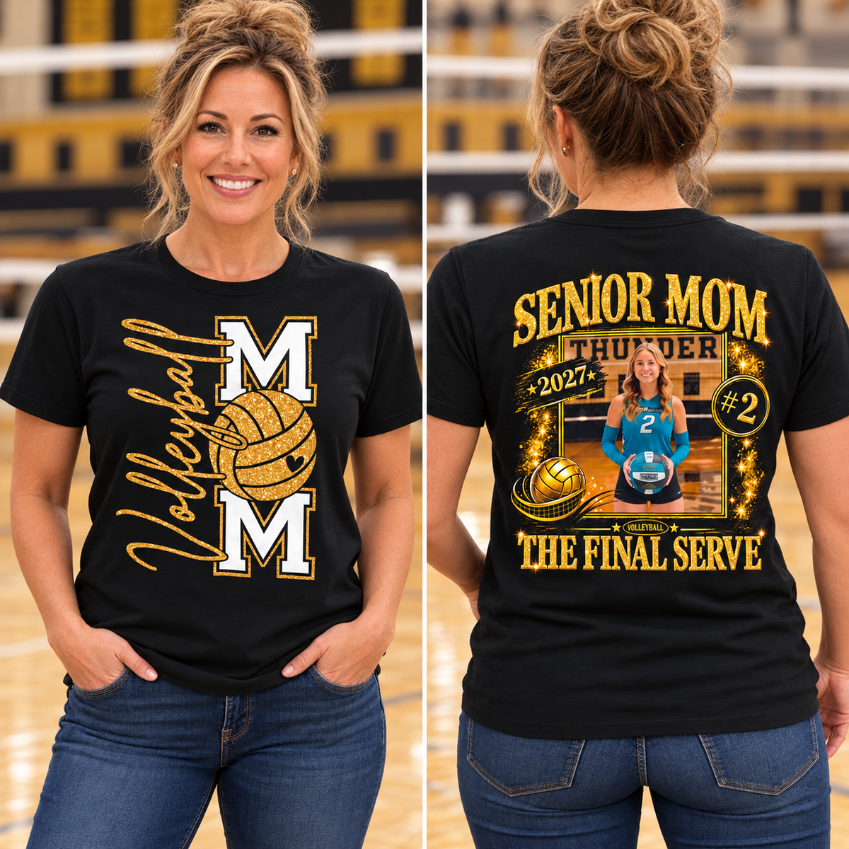 Senior Volleyball Mom Shirt | The Final Serve Personalized Tee parent wearing front and back