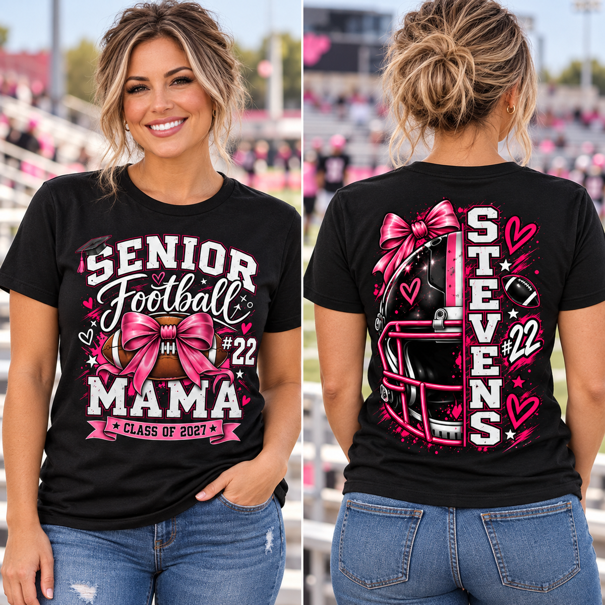 Parent wearing Senior Football Mom shirt, front and personalized Stevens 22 back