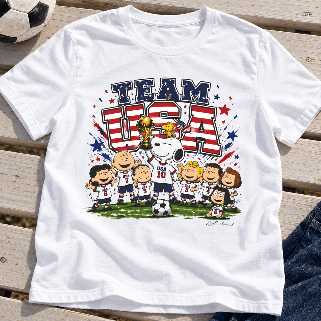 Team USA Soccer Peanuts Shirt | World Cup Patriotic Tee close-up lifestyle lay-flat photo