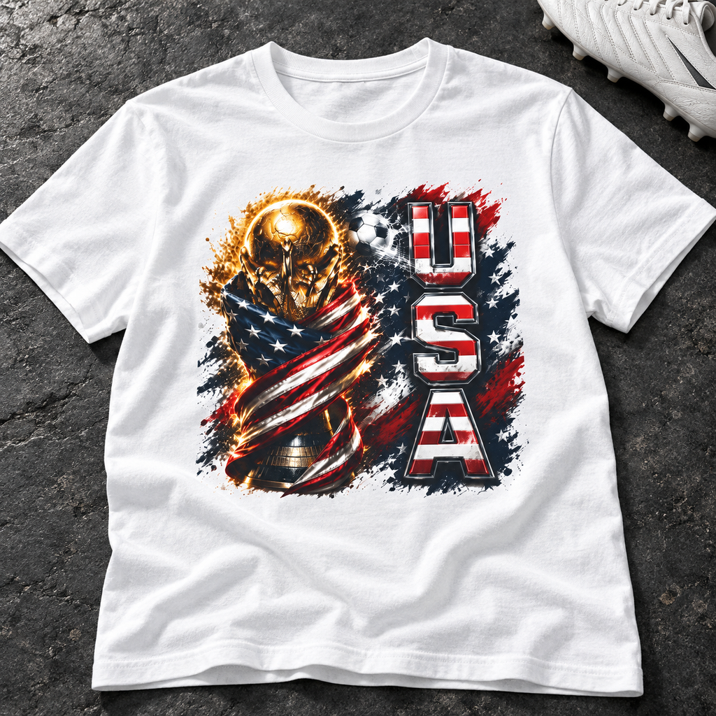 Team USA World Cup Soccer Shirt | Patriotic Trophy Tee close-up lifestyle lay-flat photo