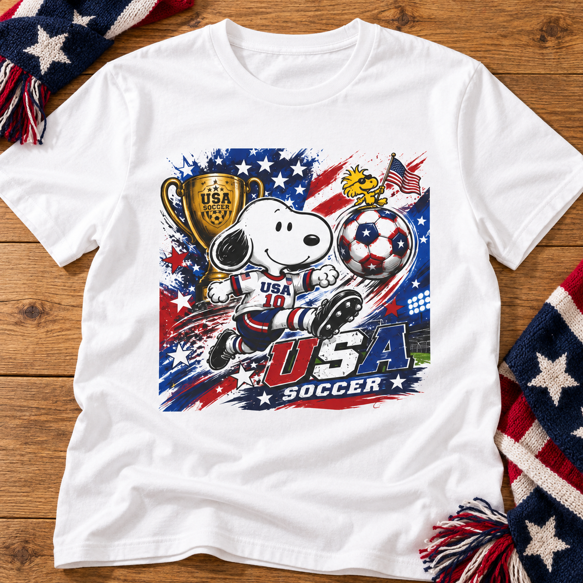Snoopy USA Soccer Shirt | Patriotic World Cup Tee close-up lifestyle lay-flat photo