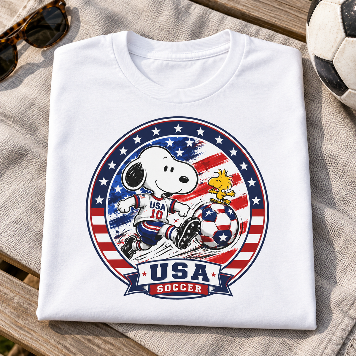 Snoopy USA Soccer Shirt | American Flag World Cup Tee folded lifestyle photo