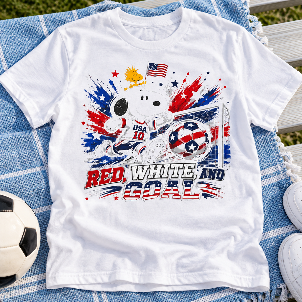 Snoopy USA Soccer Shirt | Red White & Goal Tee close-up lifestyle lay-flat photo