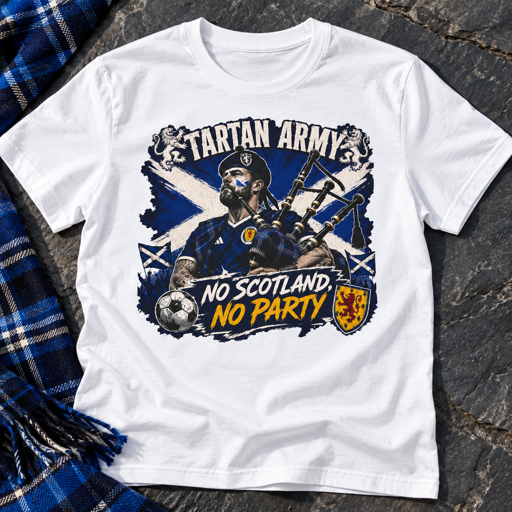 Scotland World Cup Soccer Shirt | Tartan Army Fan Tee close-up lifestyle lay-flat photo